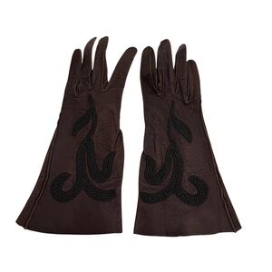 Vintage Embroidered Leather Gloves Women’s Brown